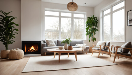 Naklejka premium Elegant Living Room with Fireplace and Comfortable Seating