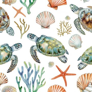 Hand-Painted Marine Life Watercolor Illustration with Turtles and Shells
