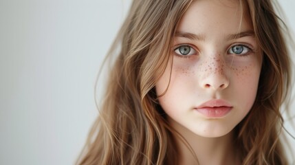 Naklejka premium portrait of a beautiful young caucasian white American model teen girl looking forward. child ad with copy space, children, beauty, pretty