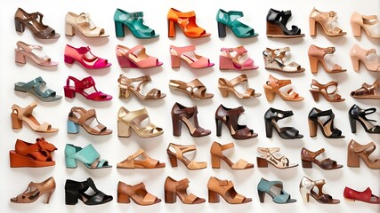 transparent background cutouts of a woman's selection of shoes assortment of various colors and styles
