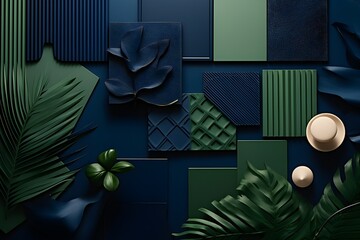 geometric pattern of various squares with various patterns and leaves of tropical trees, generated by AI