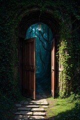 3d rendering of a fantasy doorway portal framed by green vines leading into a idyllic garden. Generative A - 784639216
