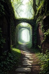A way to freedom. Dirt road in green meadow in open door of ancient house. Photo toned in brown color. Generative AI - 784639238