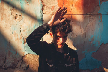 Man in front of wall with hand in front of face