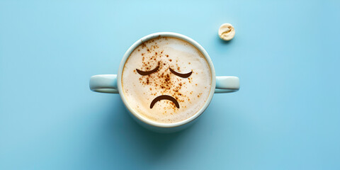Top view of Coffee cup with Sad face drawn on coffee cup isolated on blue background - obrazy, fototapety, plakaty