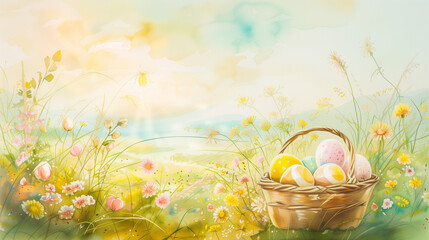 Watercolor illustration in the style of children's drawings with a basket with Easter eggs on a natural background with grass and flowers. Lots of negative space. Easter background. - 784639473
