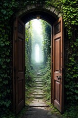 3d rendering of a fantasy doorway portal framed by green vines leading into a idyllic garden. Generative A
