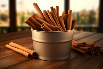 cinnamon sticks on a wooden background close-up, generated by AI