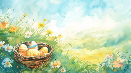 Watercolor illustration in the style of children's drawings with a basket of Easter eggs against a sunny landscape. Lots of negative space. Easter background. - 784639498