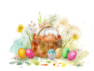 The watercolor illustration features an Easter kulich in a wooden basket, and painted eggs and tree branches with flowers on a white background. - 784639661