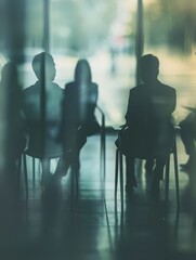 business professionals are captured in a blurred office setting, seated around chairs engaged in a meeting
