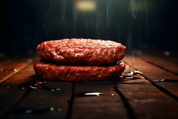 fresh hamburger meat with spices isolated on wooden background , generated by AI - obrazy, fototapety, plakaty