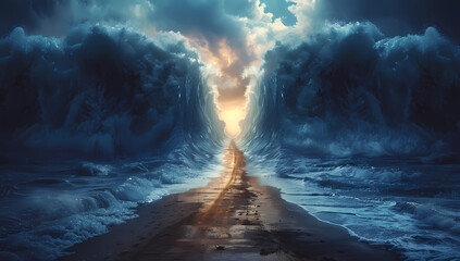 Сomposite of the ocean opening up to form a canal. Moses separate the sea in exodus. Israelites crossing the red sea. Biblical and religion illustration. Happy Passover, Pesah