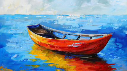 Fototapeta premium Oil painting of a boat, wallpaper, The beauty of old vehicles on the surface of the water