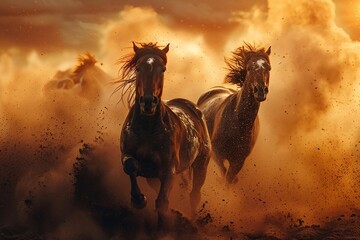 Two horses galloping through a cloud of dust in a dynamic and energetic scene