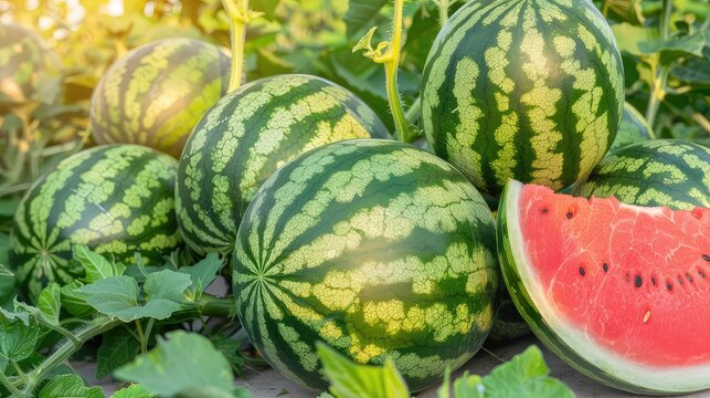 Watermelon field. A sight of abundance: The watermelon field showcases the incredible productivity of nature, offering a plentiful harvest for all to enjoy.