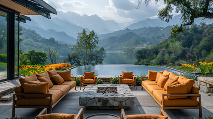 Superbe terrasse de maison avec des chaises et des tables et des plantes