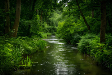 Fototapeta na wymiar Serene Snapshot of a Picturesque Narrow River Meandering through an Unspoiled Green Forest