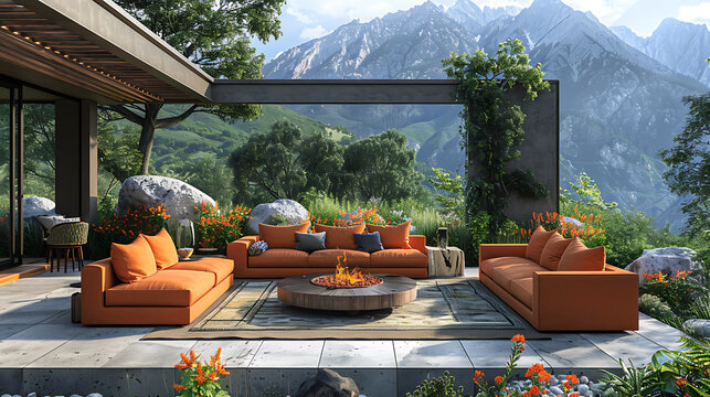 Superbe terrasse de maison avec des chaises et des tables et des plantes