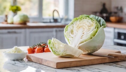 A selection of fresh vegetable: cabbage, sitting on a chopping board against blurred kitchen background; copy space - obrazy, fototapety, plakaty