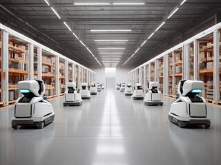 modern warehouse with robot couriers in white colors - obrazy, fototapety, plakaty