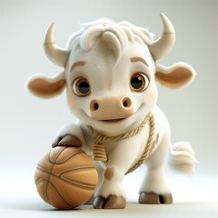3D illustration of a bull playing basketball.
