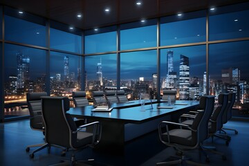 Conference hall. Modern office with windows and city views. Night time, generated by AI