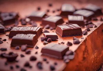 Close-up of dark chocolate pieces and chocolate chips on a textured surface, with a rich, warm...