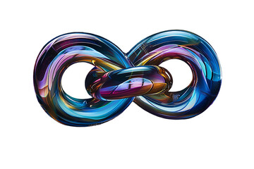 A three dimensional colorful glass object in the shape of an infinite knot, on white background