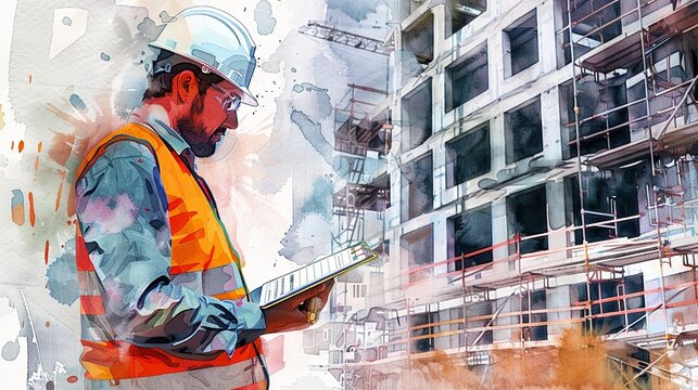 A Construction worker in reflective vest and hardhat writing on a clipboard at a construction site,watercolor illustation