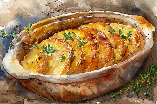 A Closeup of a golden brown baked potato dish garnished with herbs in a ceramic dish,watercolor illustation