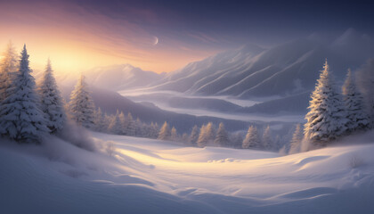 Frosted Forest at Dawn with Warm Sunrise Glow