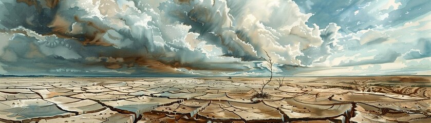 A Vast landscape of dried, cracked earth under a dramatic cloudy sky, depicting drought conditions,watercolor illustation - obrazy, fototapety, plakaty