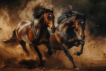 A painting depicting two horses running energetically in a dusty dirt field