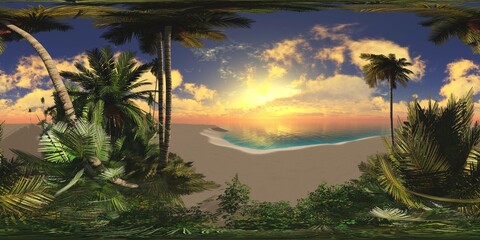 Tropical beach with palm trees at sunset. HDRI . equidistant projection. Spherical panorama. panorama 360. environment map, landscape, 3d rendering - 784641864