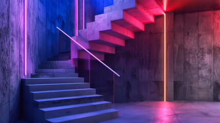 A staircase with neon lights in the background. The lights are in different colors, creating a vibrant and energetic atmosphere. The staircase is surrounded by a concrete wall