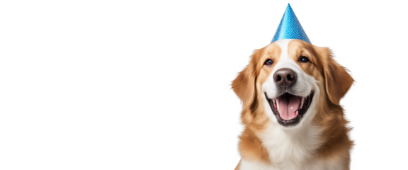 Happy dog wearing a blue party hat isolate on transparent background, cutout, png