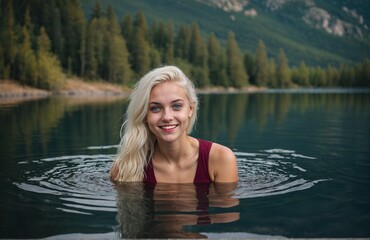 Swimming in Mountain Lake - Young Blond Woman Swimming