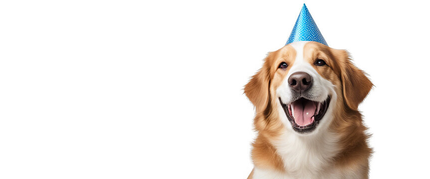 A happy dog wearing a blue party hat.