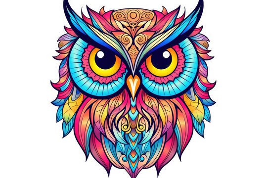 Multi-colored, painted drawing of owl zentangle style on a white background. Coloring book for kids and adults.Antistress coloring page, print, emblem,logo or tattoo,design, decor, T-shirt.