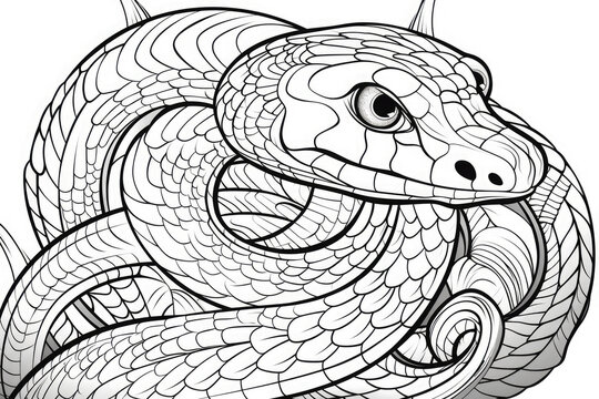 Hand drawn of snake zentangle style on a white background. Coloring book for kids and adults. Antistress coloring page, print, emblem,logo or tattoo,design, decor, T-shirt.