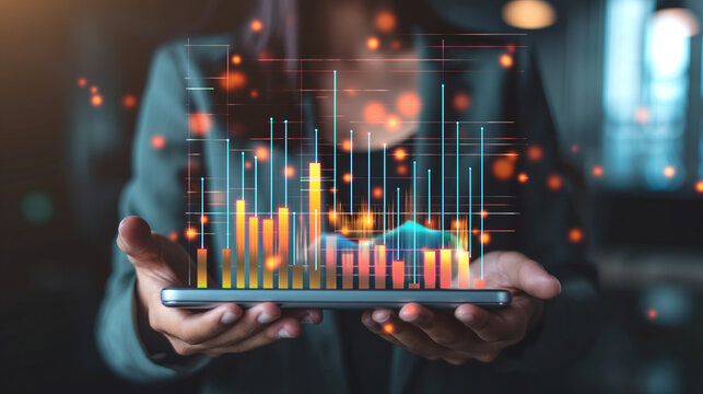 3d Statistik Datenauswertung am Chart mit Datenanalyse Auswertung von Daten und Fakten mit Stift und Finger drauf zeigen schwebend als Hologramm in der Hand Generative AI