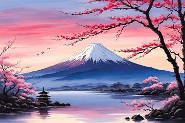 Poster Japanese sunset over tranquil landscape, featuring traditional pagoda silhouetted against radiant sky. Blend of vibrant colors captures essence of peace.For art, creative projects, fashion, magazines. © Anzelika