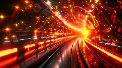 Fototapeta na wymiar A bright orange and black tunnel with a lot of light and sparks. The tunnel is very long and seems to be a part of a futuristic city