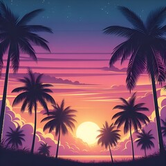 Fototapeta premium Summer vacation landscape palm tree silhouettes against the background of the sunset. Tropical Jungle Sunset lush tropical jungle scene with towering palm trees, dense foliage, and exotic wildlife
