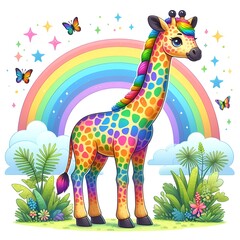 Fototapeta premium Cute happy retro cartoon giraffe character on rainbow background. Funny illustration of an animal with balls and clouds.