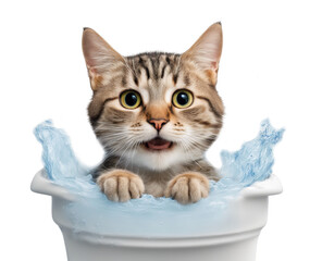 A cute cat is sitting in a bathtub full of water and looks very surprised on isolated with transparent concept