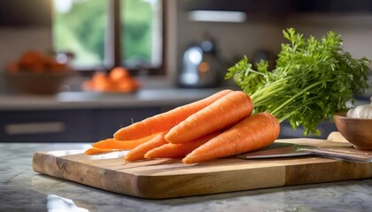A selection of fresh vegetable: carrots, sitting on a chopping board against blurred kitchen background; copy space