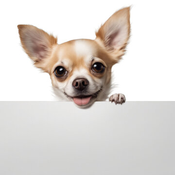 A chihuahua with a big smile on its face is holding a blank sign with its paw.