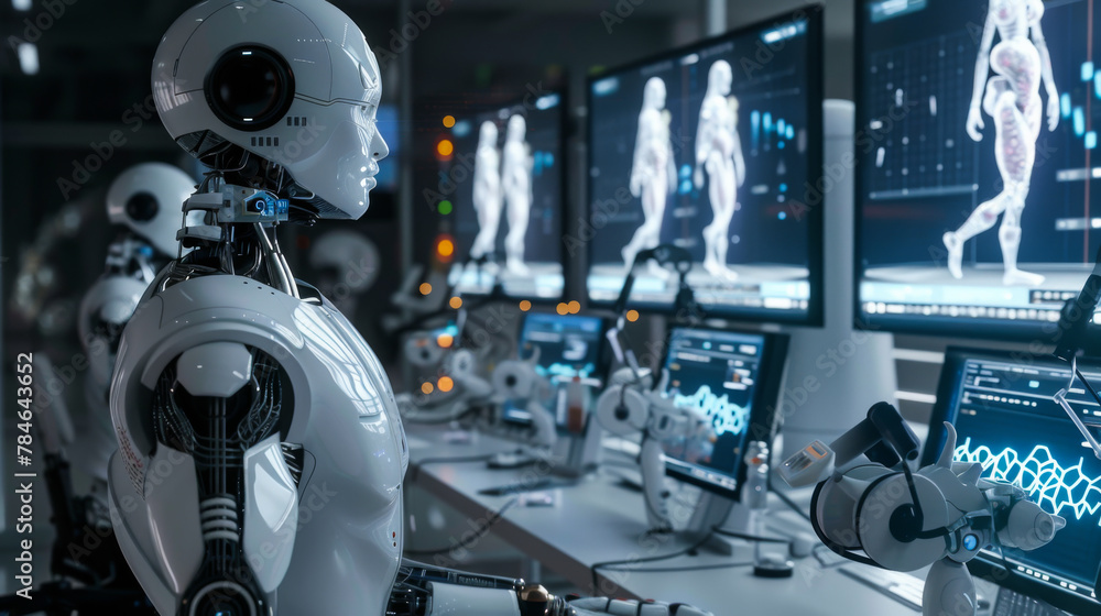 Poster a robot is sitting in front of a computer monitor with a skull on the screen. the robot is wearing a